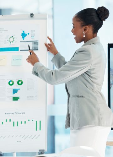 Business presentation, pitch or meeting of a female finance manager showing statistics and graphs o