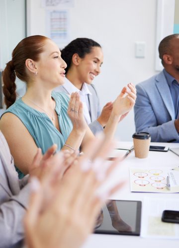 Seminar, happy people and office celebration, applause and praise sales pitch, presentation speech